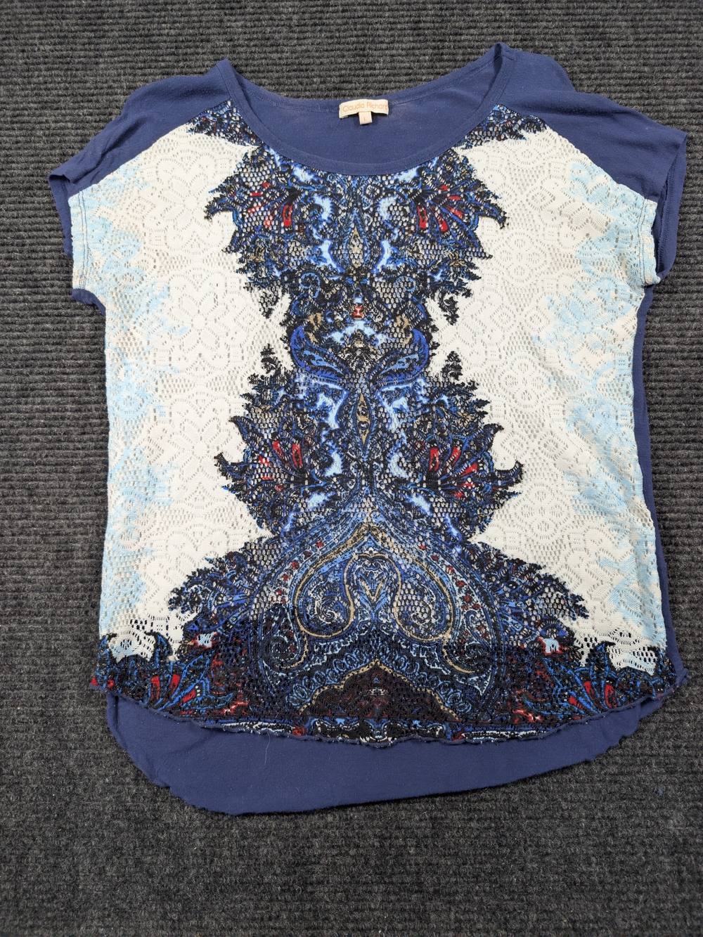 Claudia Richard Navy and White Lace-Front Paisley Short Sleeve Top
